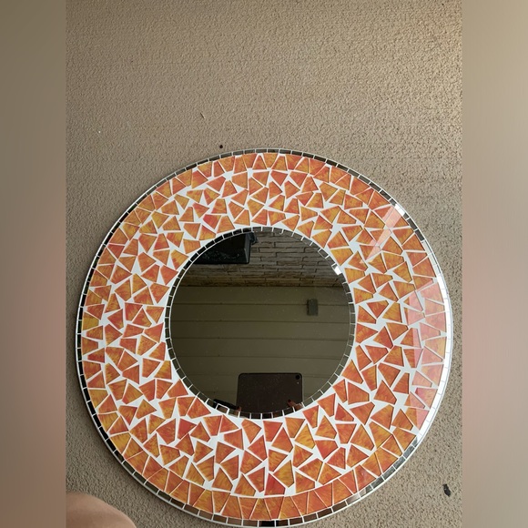 Vintage Early 2000’S Mosaic Tile Orange Round Ceramic Wall Mirror 19” Diameter - Picture 4 of 12